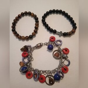 #592.   3 Piece Genuine Tigers Eye Natural Stone & Charm Bracelet Bundle